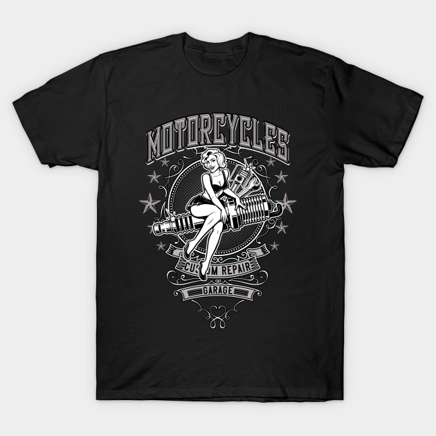 Pin-Up Motorcycle Garage Workshop T-Shirt by Foxxy Merch